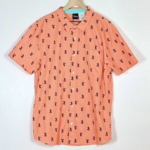 Disney Mens Button Up Shirt XXL Coral Mickey Mouse All Over Print Short Sleeve